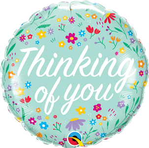 Round 18-inch light blue foil balloon with white "Thinking of you" text and colorful floral pattern.