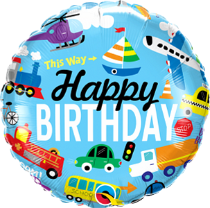 Round blue foil balloon with "Happy Birthday" text, featuring colorful transportation vehicles like a car, bus, airplane,.