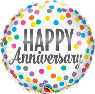 Round silver foil balloon with multicolored confetti dots and "Happy Anniversary" text in gray cursive and bold fonts.
