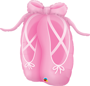Pink foil balloon shaped like a pair of ballet slippers with satin ribbon details and a bow at the top.