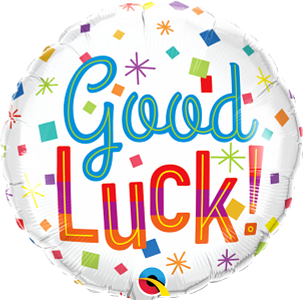 Round white foil balloon with colorful confetti and "Good Luck!" in vibrant multicolor letters.