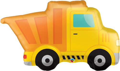 Yellow and orange foil balloon shaped like a dump truck with black wheels and blue window.