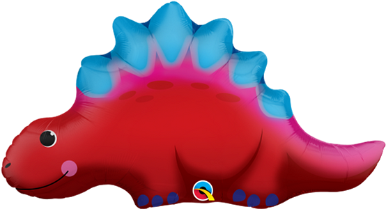 Red and pink foil balloon shaped like a stegosaurus dinosaur with blue back plates and smiling face.