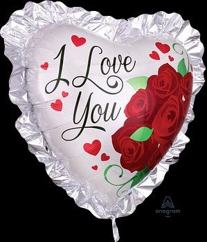 Silver heart-shaped foil balloon with ruffled edges, red roses, and "I Love You" text in black script.