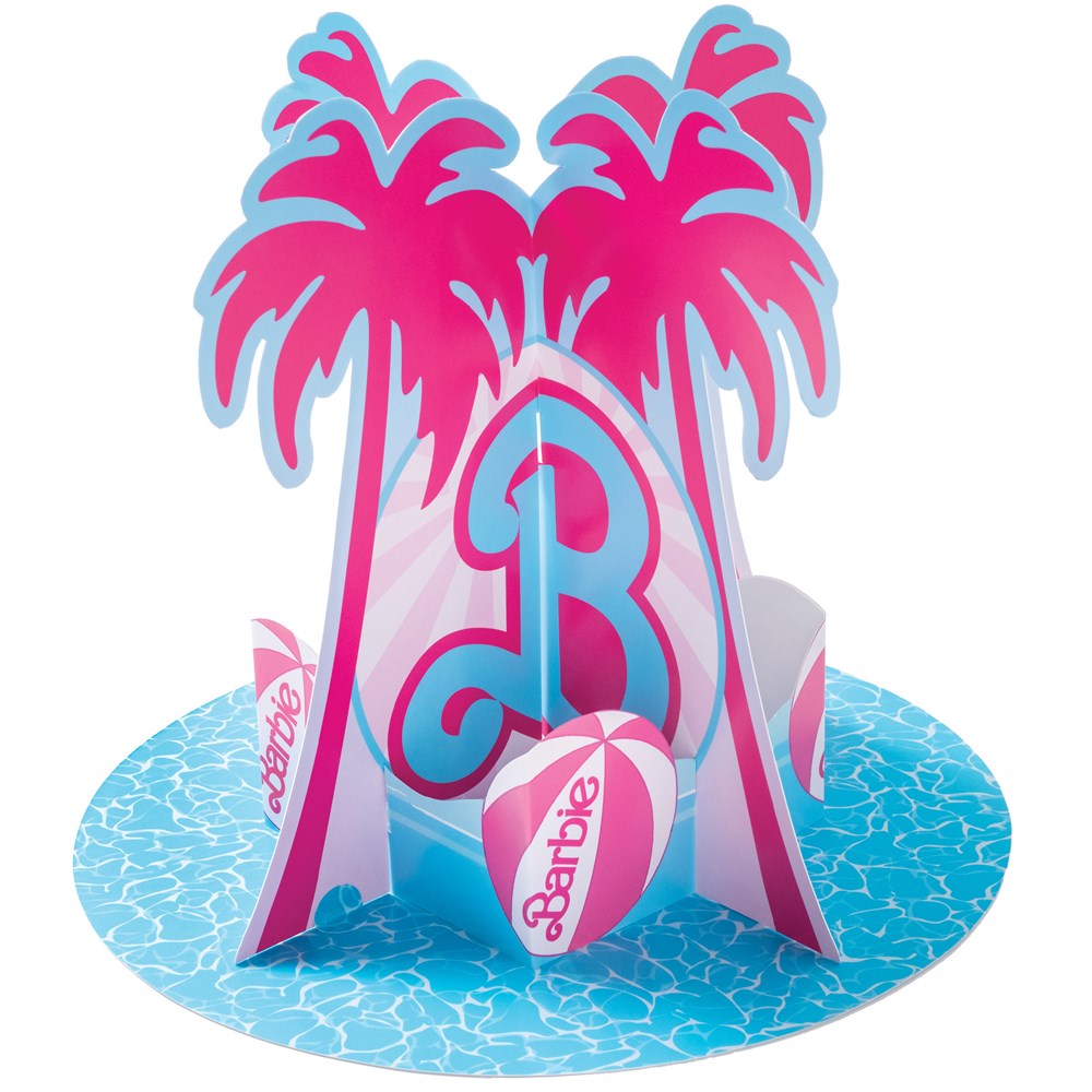 Bright pink and blue pop-up centerpiece featuring stylized palm trees and a Barbie logo on a round, water-patterned base.