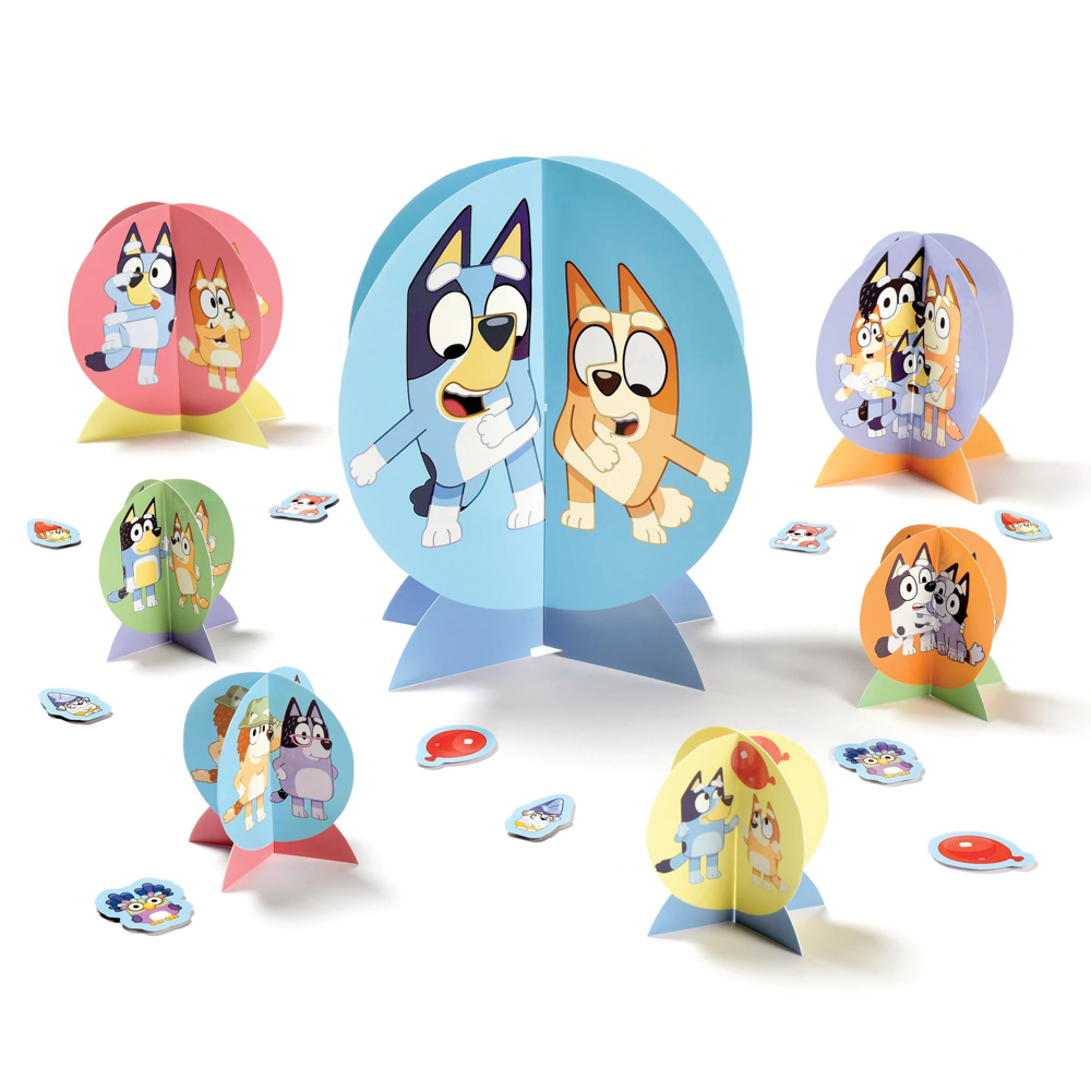 Colorful paper centerpiece kit featuring Bluey cartoon characters on circular panels with foldable bases and small matching.