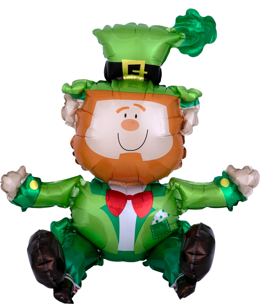 17-inch foil balloon shaped like a sitting leprechaun with green outfit, black shoes, red beard, and shamrock hat.