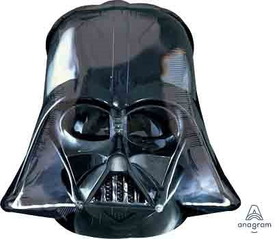 Black foil balloon shaped like Darth Vader’s helmet with glossy finish and detailed facial features.
