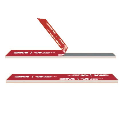 Red and gray rectangular adhesive strips with peel-back backing showing Stick-n-Clik branding.