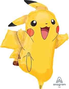 Yellow Pikachu-shaped foil balloon with black-tipped ears and red cheeks, 31 inches tall, cheerful expression.
