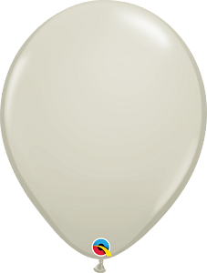 16-inch light gray latex balloon with glossy finish, round shape, and Qualatex logo near the base.