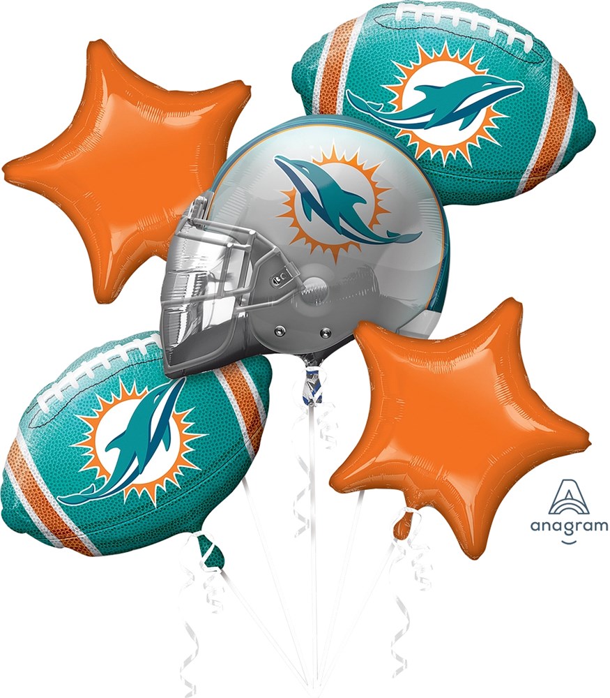 Five-piece foil balloon set with two orange star shapes, two teal and white footballs, and one silver football helmet.
