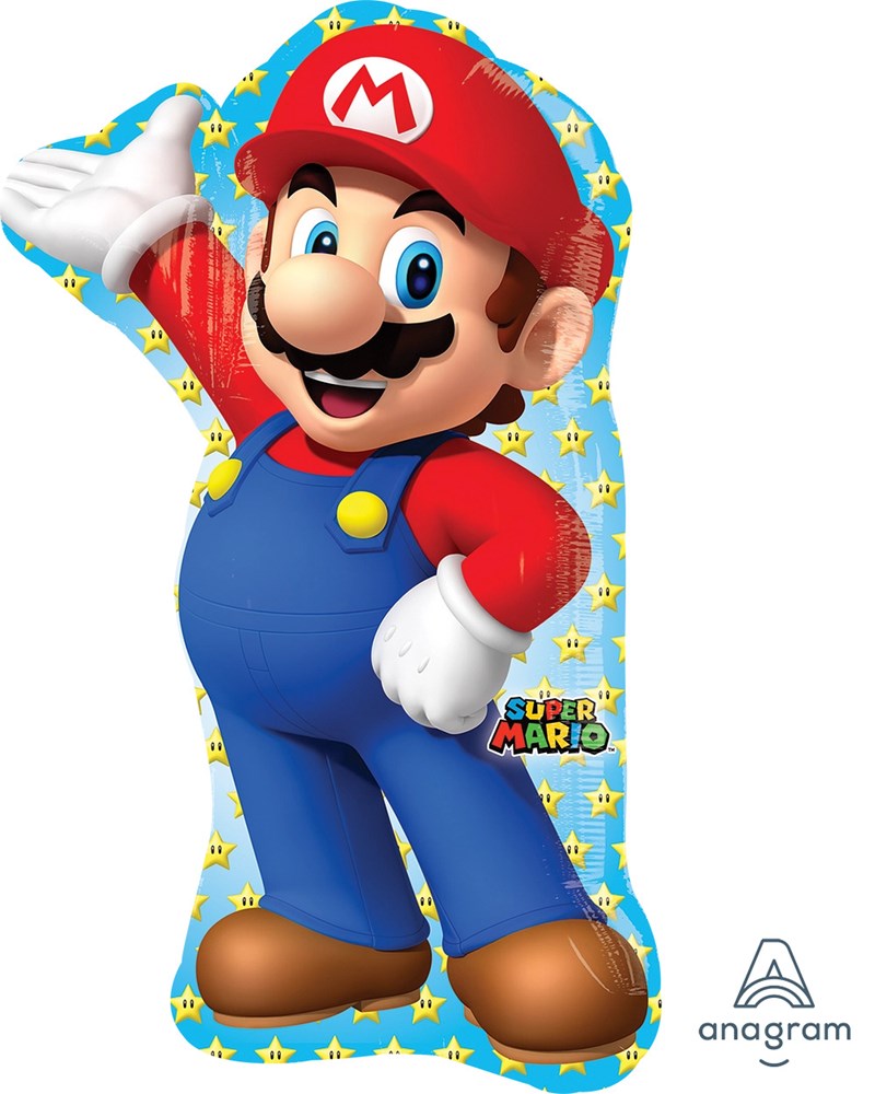 Mario Brothers foil balloon shaped like Mario in red hat and shirt with blue overalls, white gloves, and brown shoes,.
