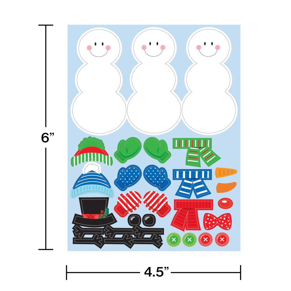 Four white snowman body stickers with smiling faces and separate colorful accessories including hats, scarves, mittens,.