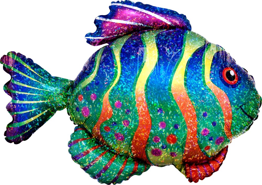 33-inch foil balloon shaped like a colorful fish with blue, green, orange, and pink stripes and spots.