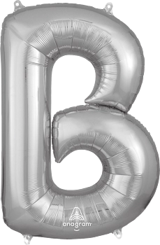 Silver foil balloon shaped like the letter B with a shiny metallic finish, 32 inches tall.