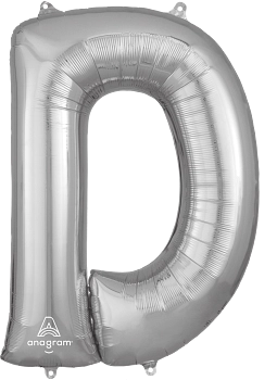 32-inch silver foil balloon shaped as the letter D with a shiny metallic finish.