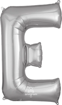 32-inch silver foil balloon shaped like the letter E with a shiny metallic finish.