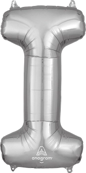 Silver foil balloon shaped like the letter I, 32 inches tall with a shiny metallic finish.