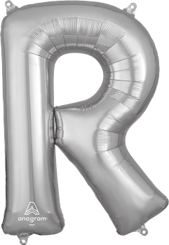32-inch silver foil balloon shaped like the letter R with shiny metallic finish.