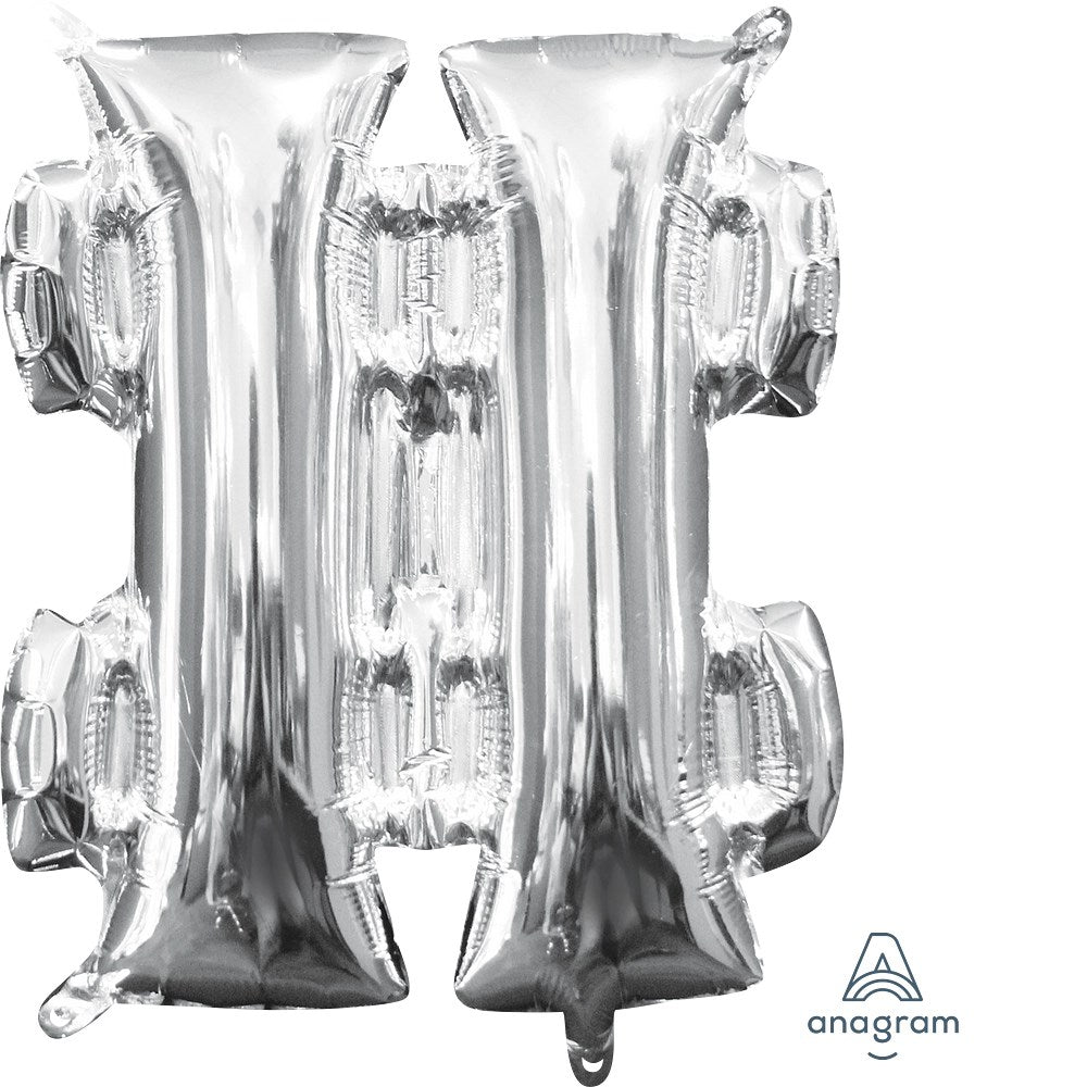 Silver foil balloon shaped as the symbol # with shiny metallic finish, 16 inches tall.