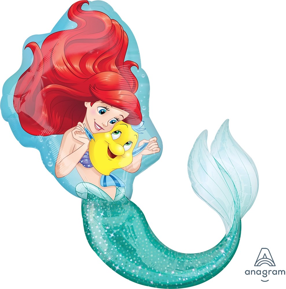 34-inch foil balloon shaped like Ariel the Little Mermaid with red hair and green tail, holding yellow fish.