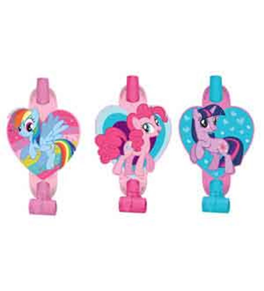 Three My Little Pony-themed heart-shaped party blowouts in blue, pink, and purple featuring characters Rainbow Dash, Pinkie.