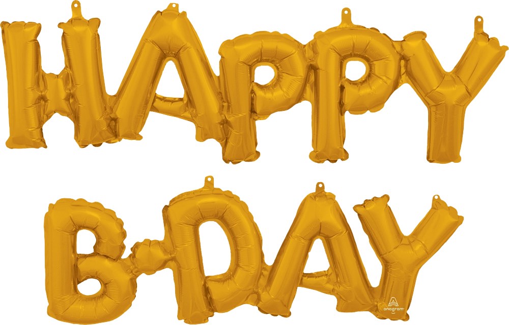 Gold foil balloons forming the phrase "HAPPY B-DAY" in large, shiny, inflated letters.
