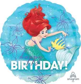 Round foil balloon with Ariel from The Little Mermaid reaching toward a yellow and blue fish, seaweed and starfish.
