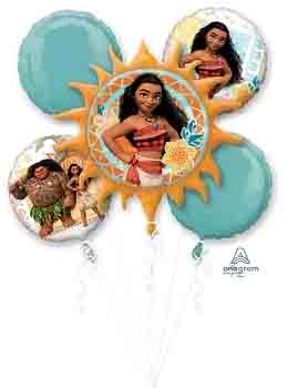 Five foil balloons featuring Moana characters; central sun-shaped balloon with Moana, two round character balloons, and two.