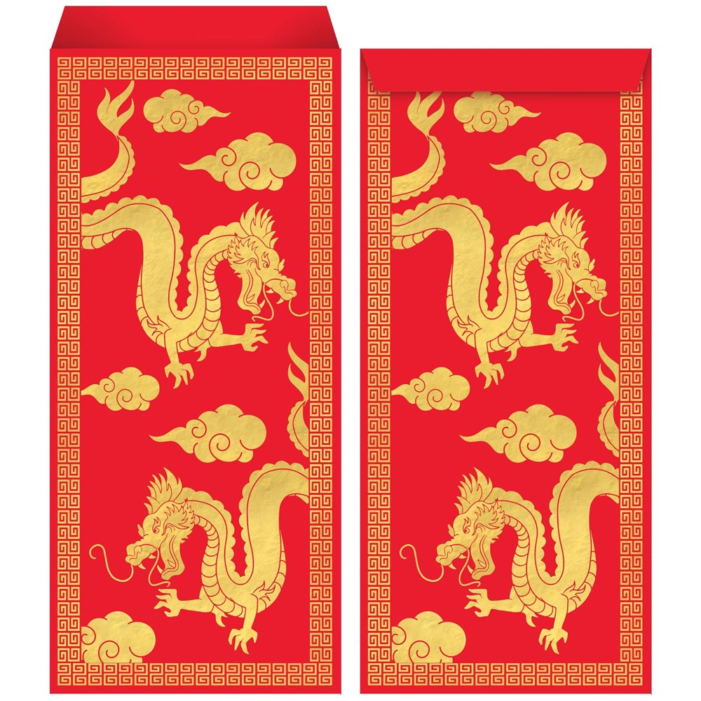 Red rectangular Chinese New Year money envelopes with gold dragons and cloud motifs, decorative gold border, pack of eight.
