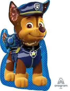 31-inch foil balloon shaped like Chase from Paw Patrol in blue police uniform with badge and cap.
