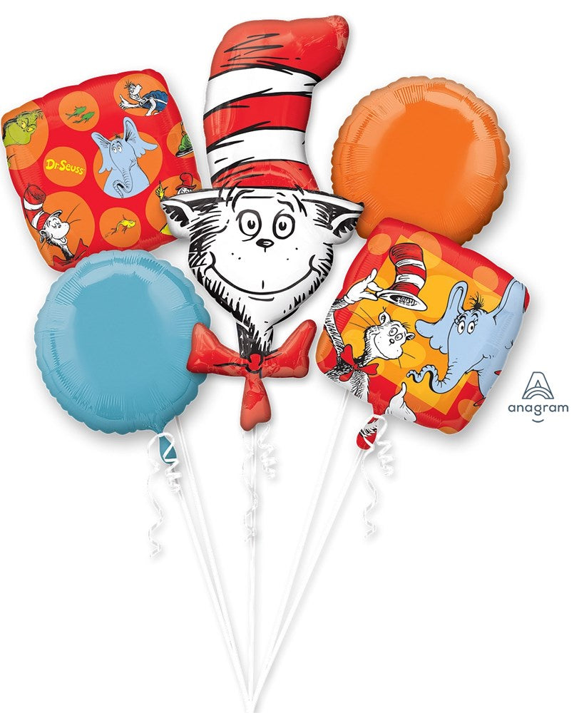 Five colorful foil balloons featuring Dr. Seuss Cat in the Hat designs with red, white, blue, and orange colors.