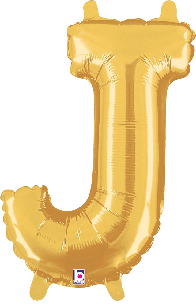 Gold foil balloon shaped like the letter J, 14 inches, with a valved air fill design.