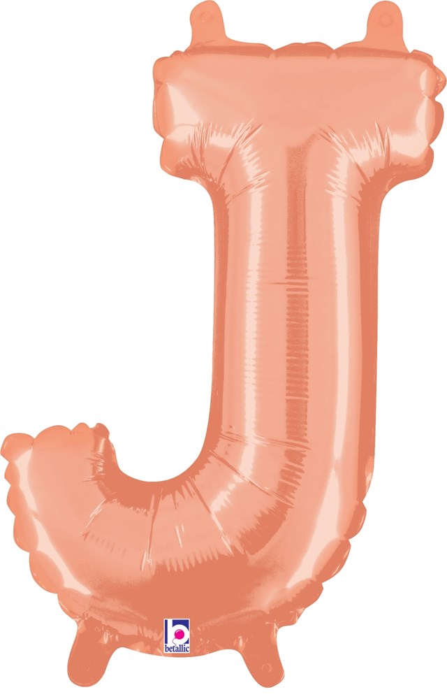 Rose gold metallic foil balloon shaped like the letter J with a valved air fill, 14 inches tall.