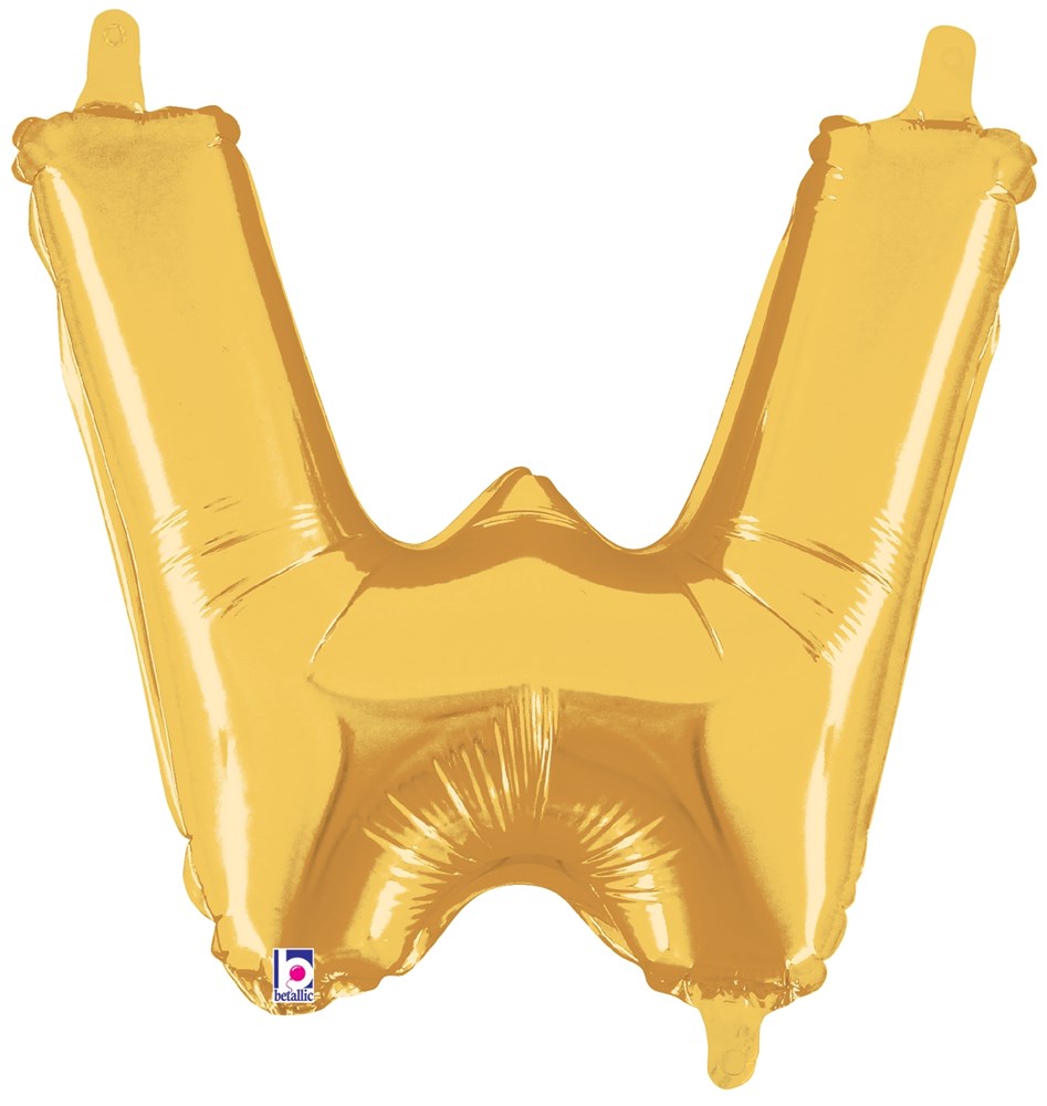 14-inch gold foil balloon shaped as the letter W with valved air-fill design.