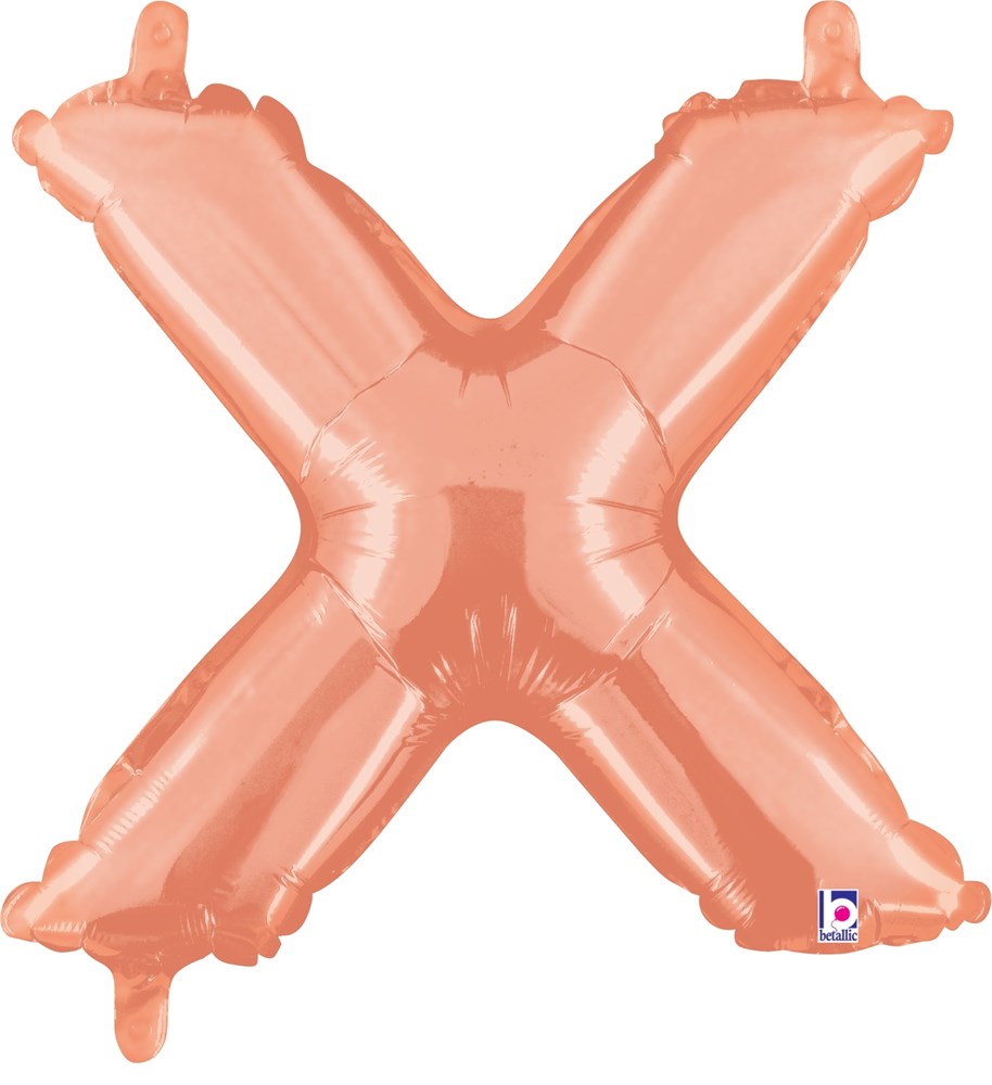 Rose gold foil balloon shaped as the letter X with a shiny metallic finish, 14 inches tall.