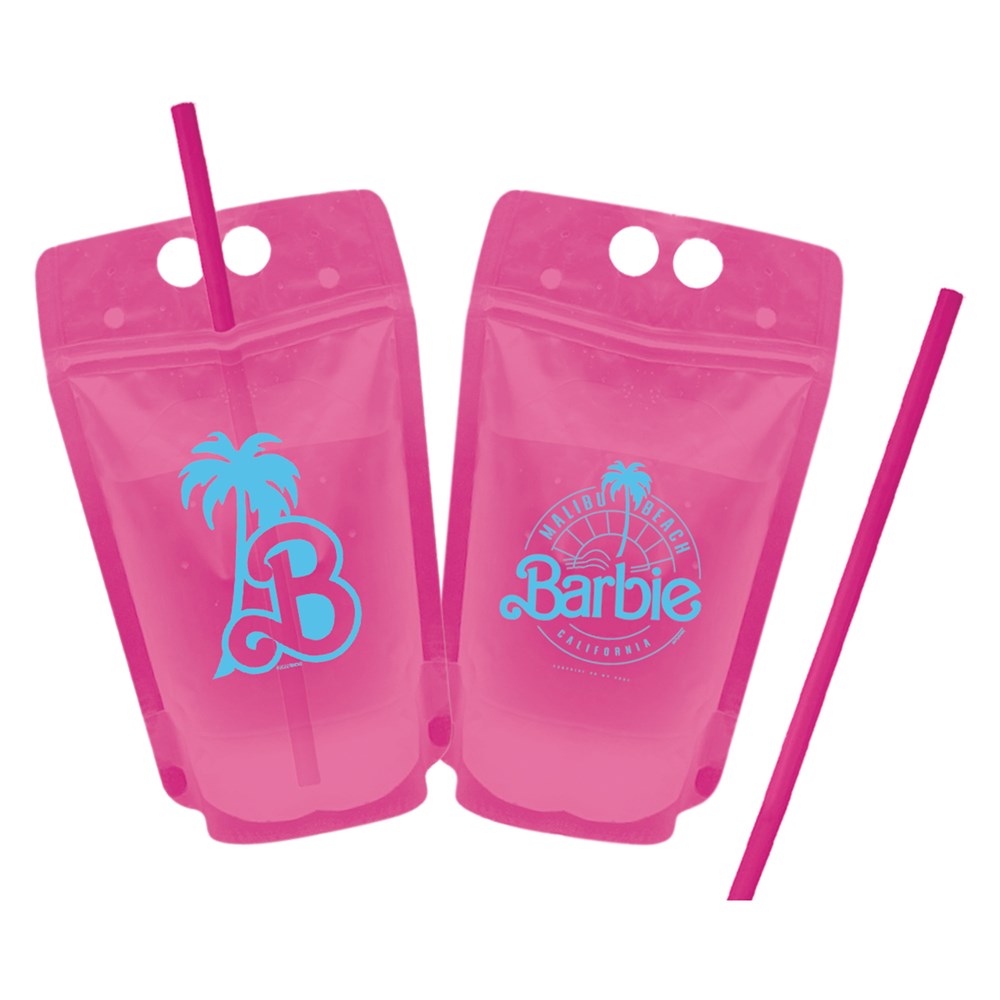 Pink Malibu Barbie drink pouches with blue logos and matching pink straws, resealable tops.