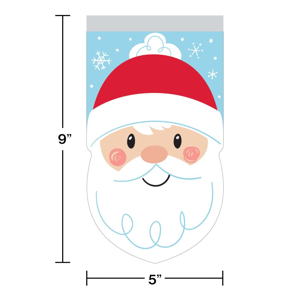 Santa Claus cello bag with red hat, rosy cheeks, white beard, snowflakes, and blue background, 9x5 inches.