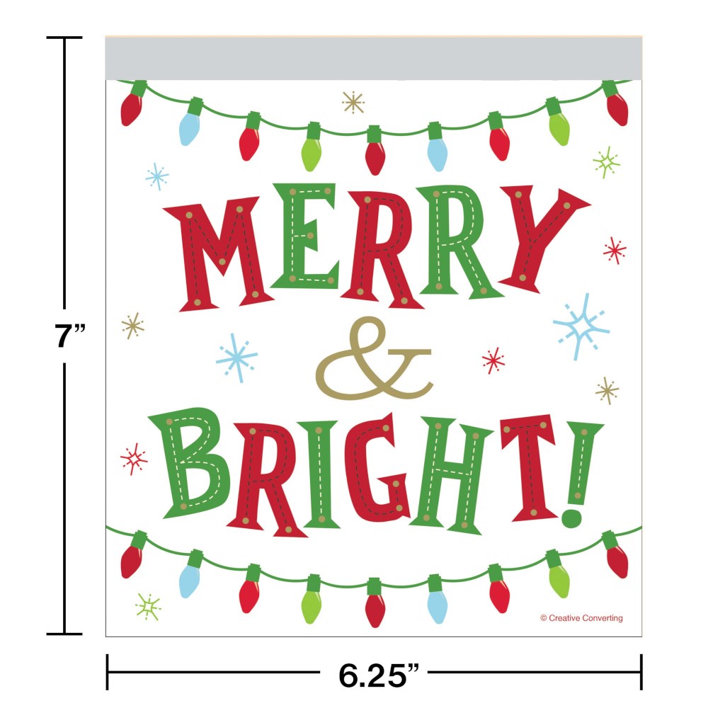 White sandwich zipper bag with red and green "Merry & Bright!" text, decorated with colorful string lights and snowflakes,.
