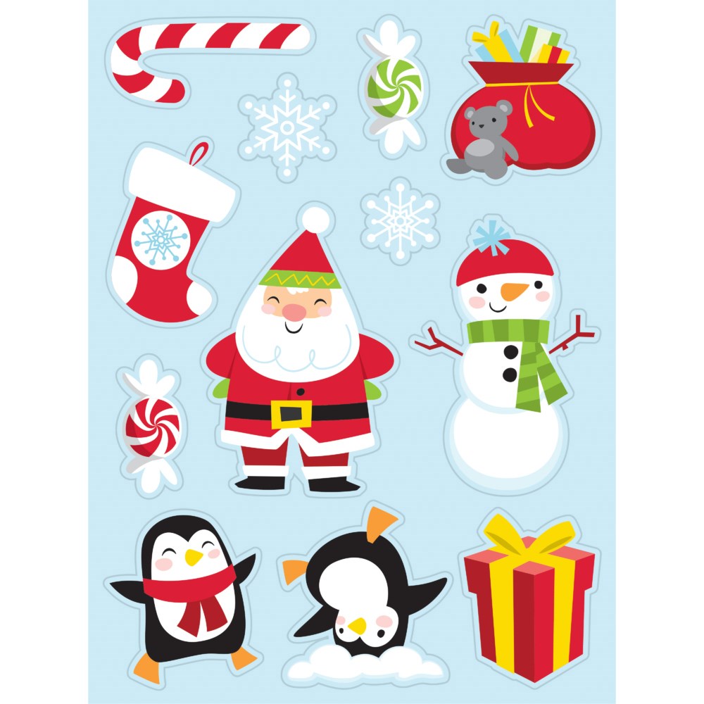 Colorful Christmas stickers featuring Santa Claus, snowman, penguin, candy canes, snowflakes, gift, and a red sack with toys