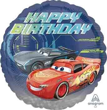 Round foil balloon featuring red race car Lightning McQueen and gray Jackson Storm from Disney Cars 3, with "Happy Birthday"