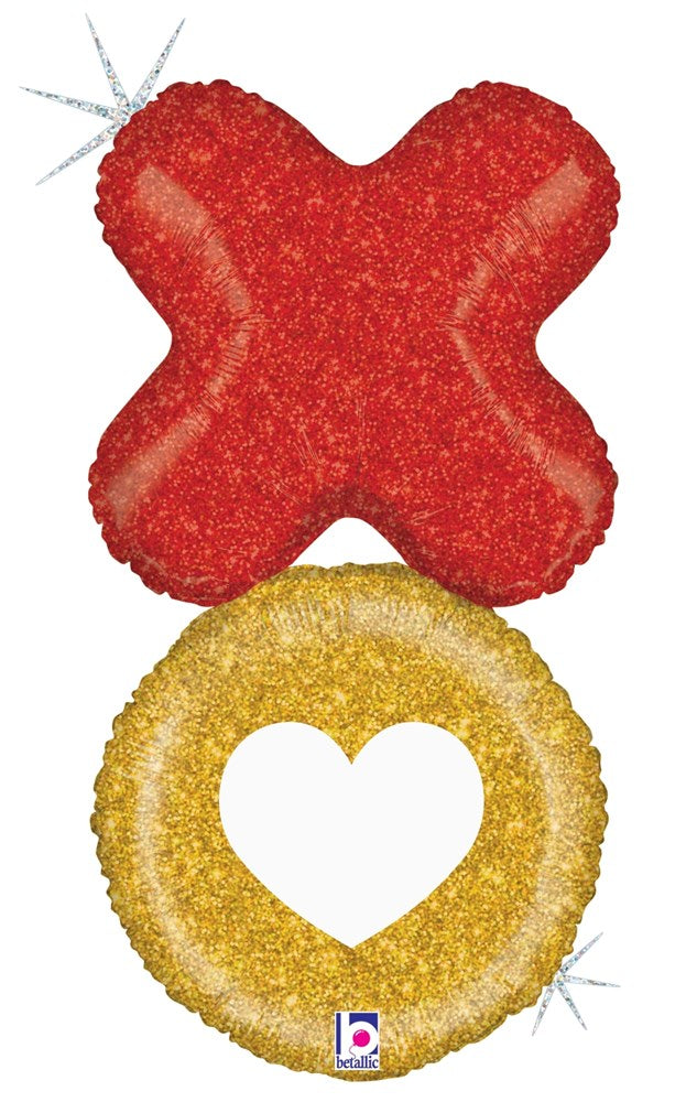 29 inch red glitter X and gold holographic ring balloon with heart cutout, foil material.
