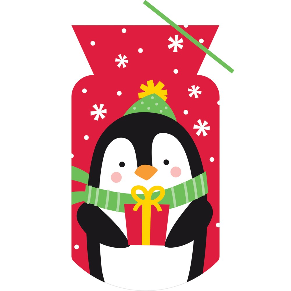 Red cello bag shaped like a penguin wearing a green hat and scarf holding a yellow and red gift box with white snowflakes.