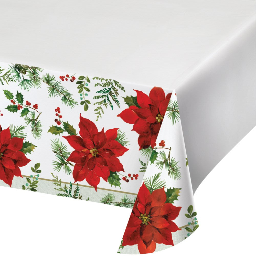 White paper tablecover with red poinsettia and green pine branch border design.