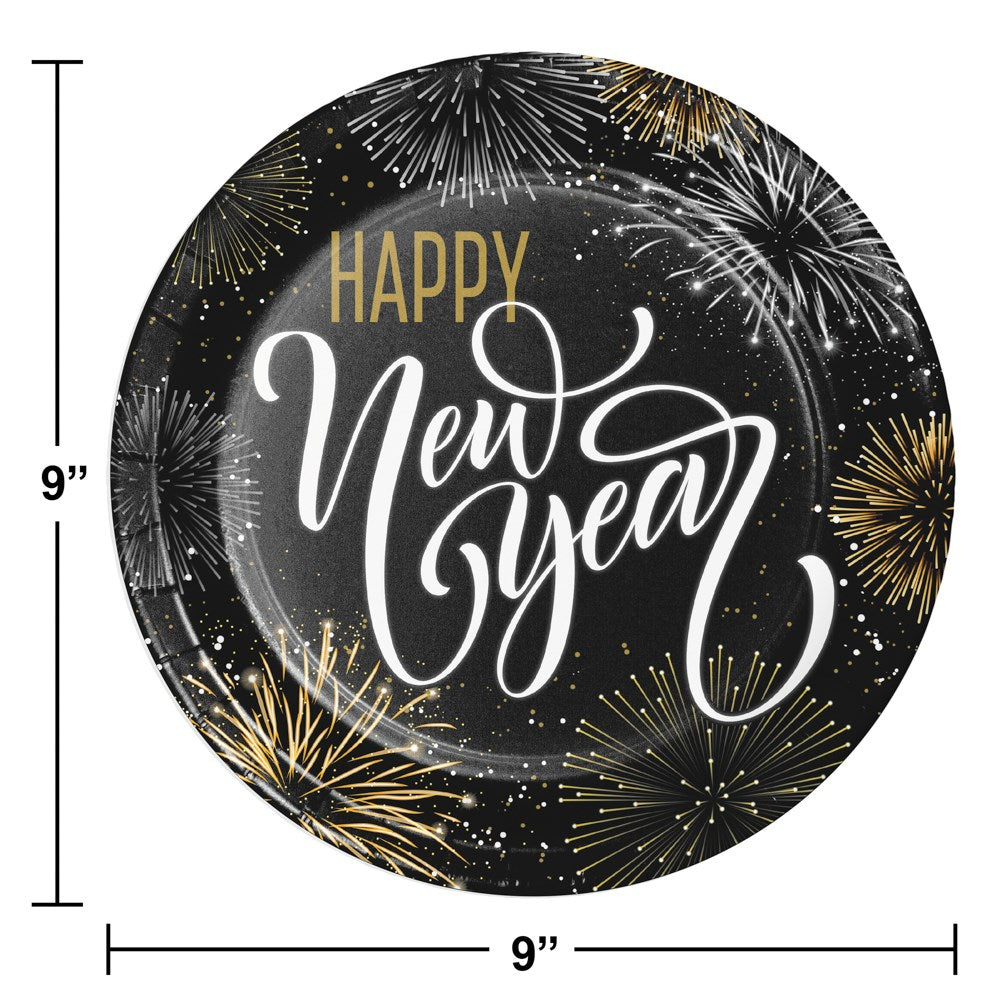 Black round paper plate with gold and silver fireworks and white "Happy New Year" script, 9-inch diameter.