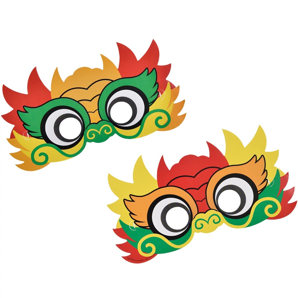 Colorful Chinese New Year paper masks with red, yellow, orange, and green flame-like designs and large round eye holes.