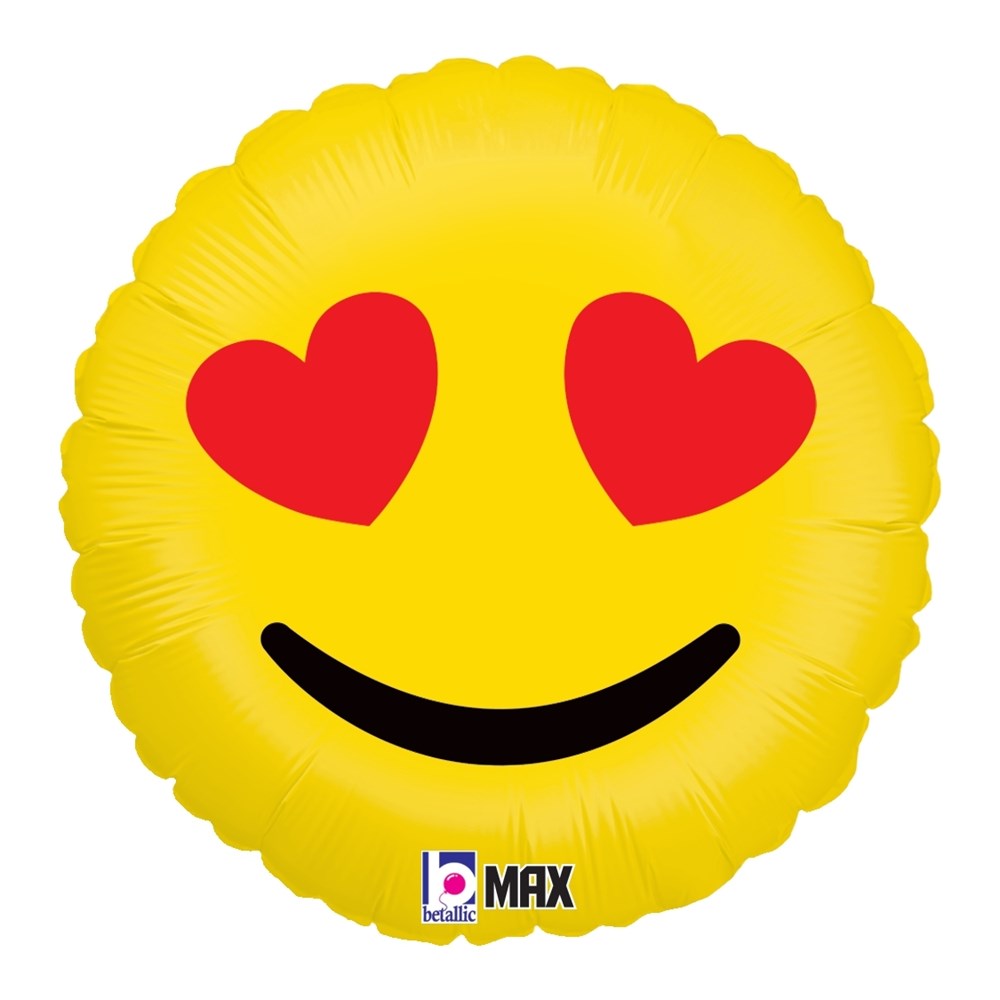 Yellow round foil balloon with red heart eyes and a black smiling mouth.