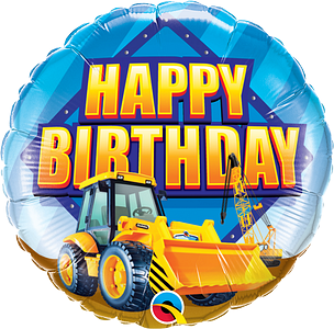 Round foil balloon with blue background, yellow bulldozer graphic, and bold "Happy Birthday" text in yellow and orange.