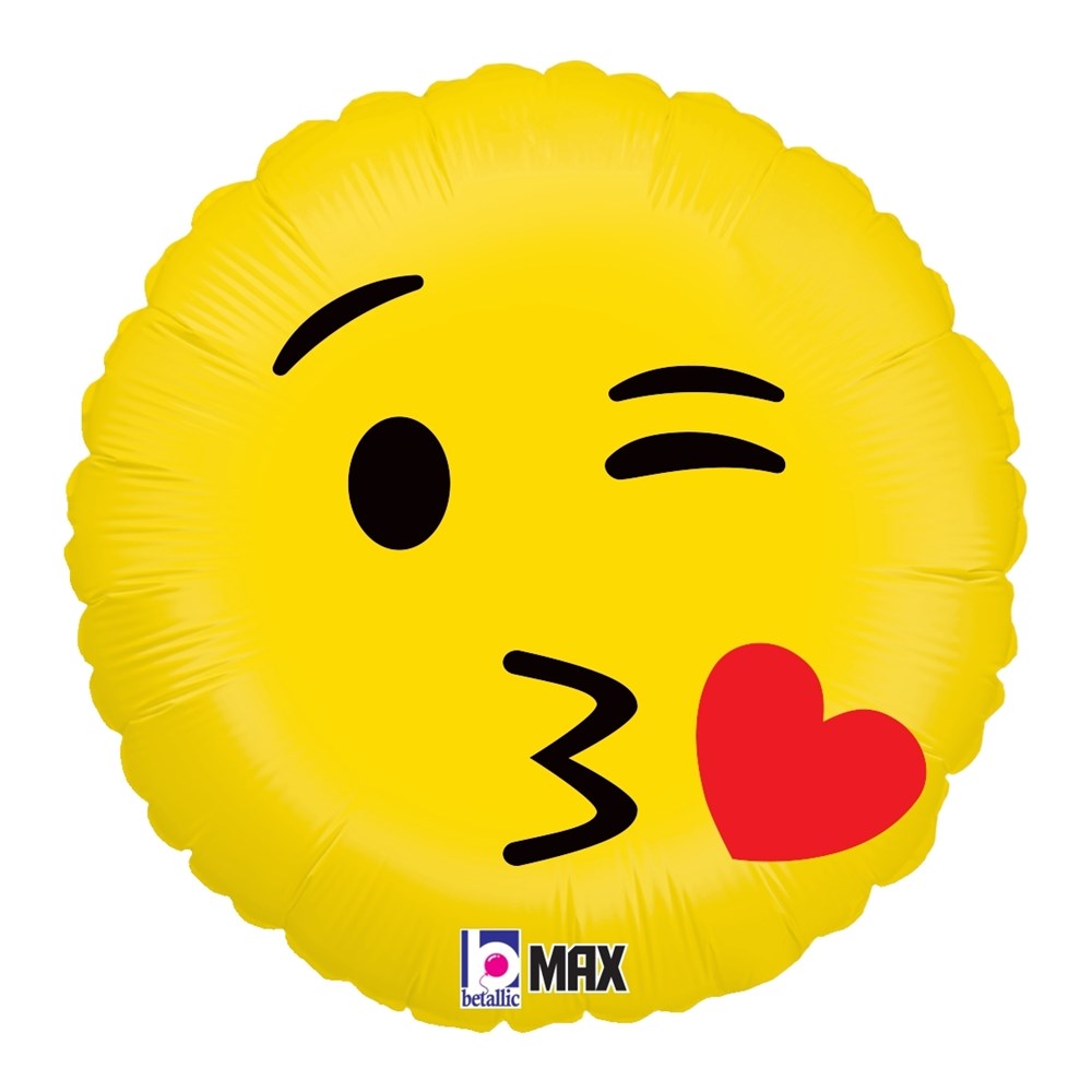 Yellow round foil balloon with a winking emoji face blowing a red heart kiss.